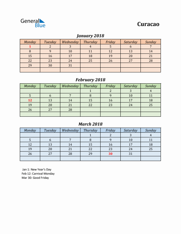 Q1 2018 Holiday Calendar - Curacao