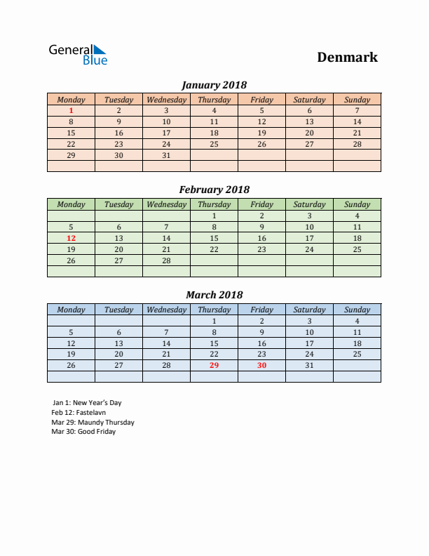 Q1 2018 Holiday Calendar - Denmark