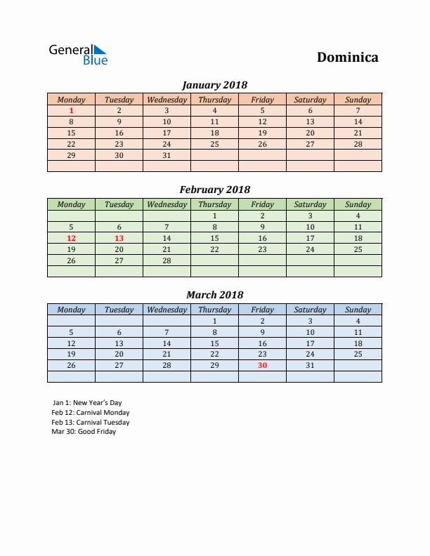 Q1 2018 Holiday Calendar - Dominica