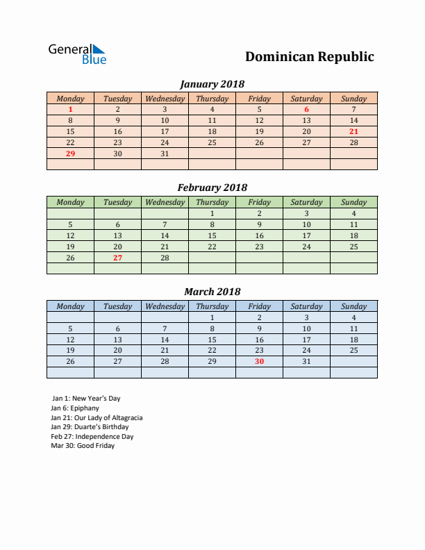 Q1 2018 Holiday Calendar - Dominican Republic