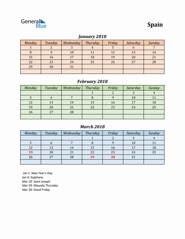 Q1 2018 Holiday Calendar - Spain