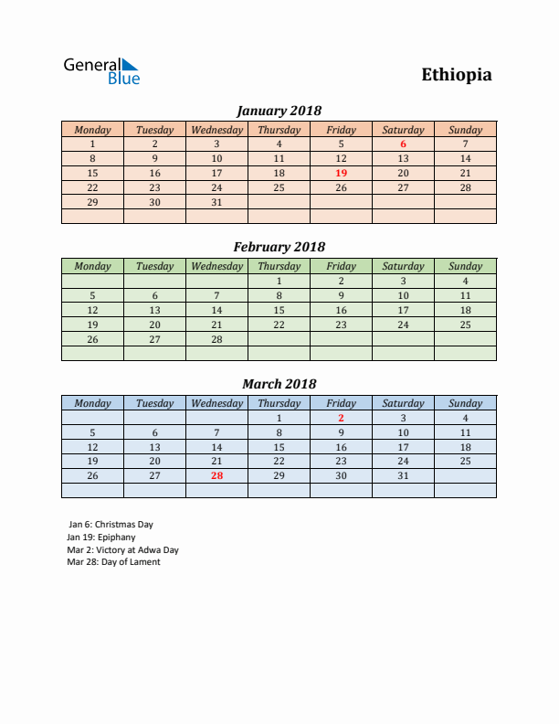 Q1 2018 Holiday Calendar - Ethiopia