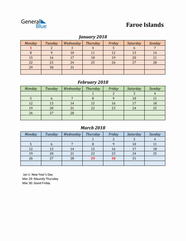 Q1 2018 Holiday Calendar - Faroe Islands