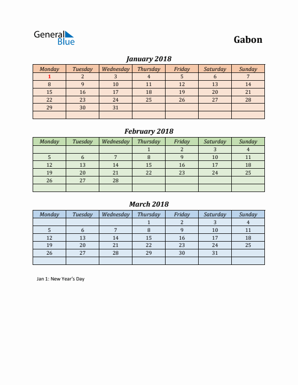 Q1 2018 Holiday Calendar - Gabon