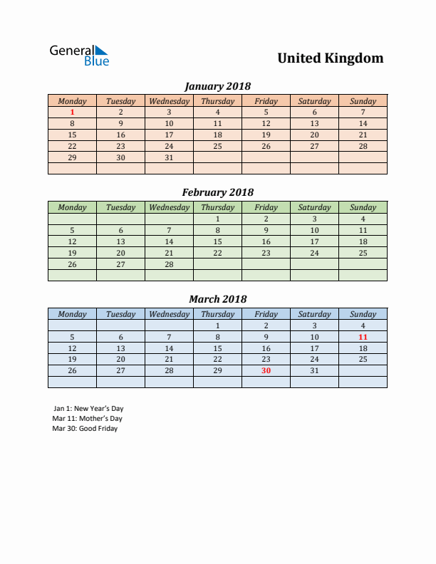 Q1 2018 Holiday Calendar - United Kingdom