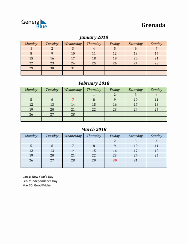 Q1 2018 Holiday Calendar - Grenada