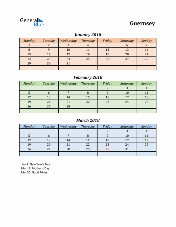 Q1 2018 Holiday Calendar - Guernsey