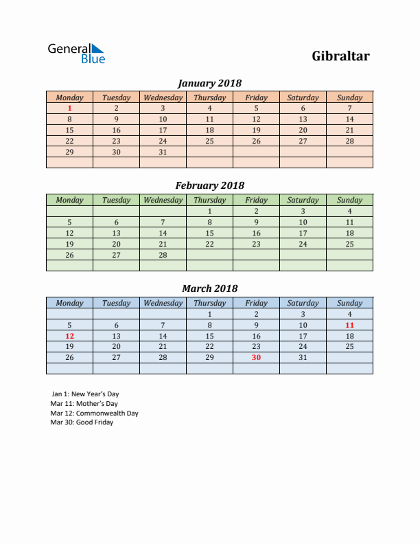 Q1 2018 Holiday Calendar - Gibraltar