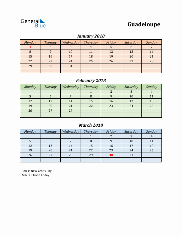 Q1 2018 Holiday Calendar - Guadeloupe