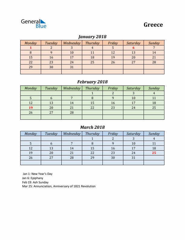 Q1 2018 Holiday Calendar - Greece