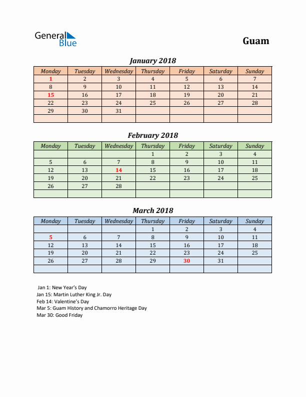 Q1 2018 Holiday Calendar - Guam