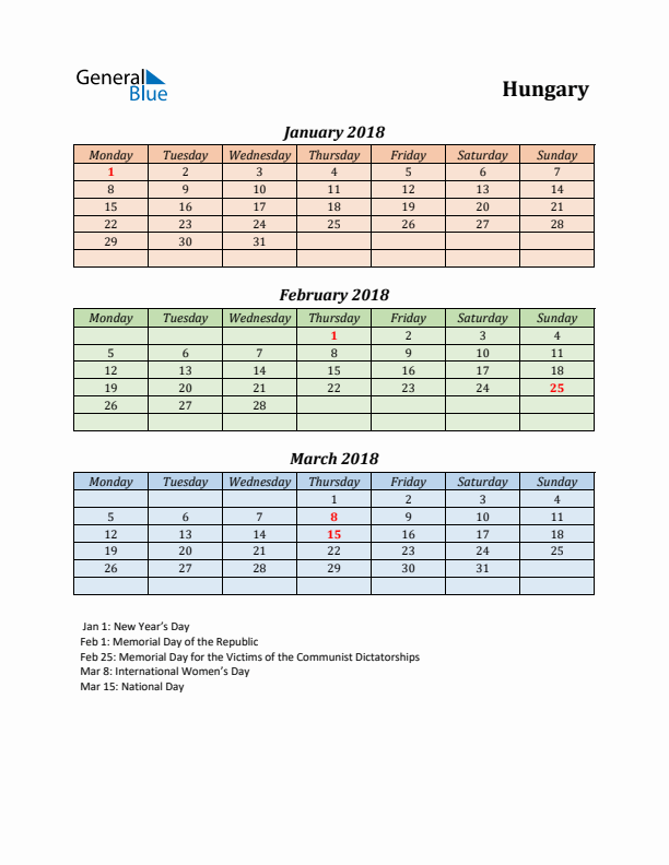 Q1 2018 Holiday Calendar - Hungary