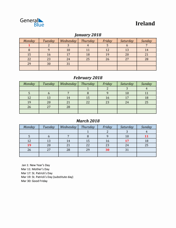 Q1 2018 Holiday Calendar - Ireland