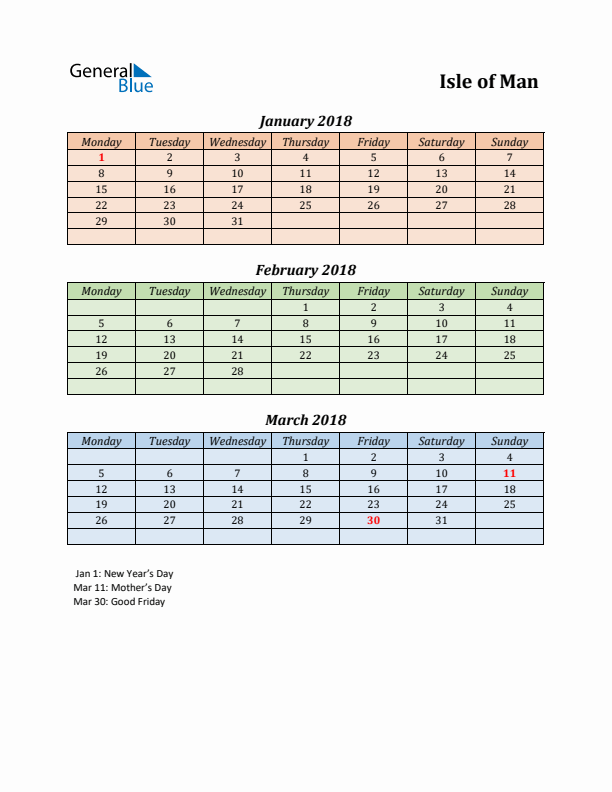 Q1 2018 Holiday Calendar - Isle of Man