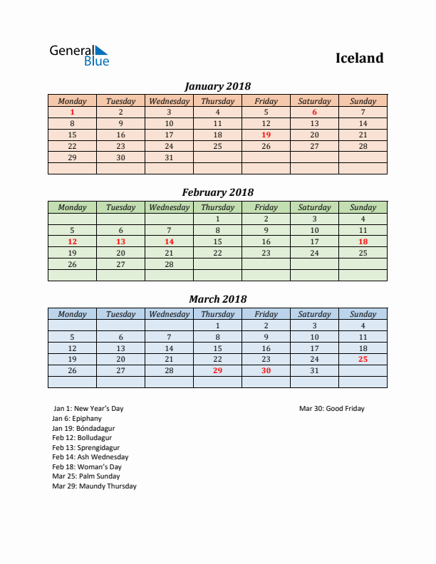 Q1 2018 Holiday Calendar - Iceland