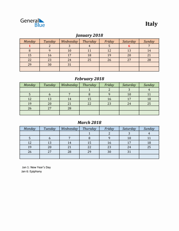 Q1 2018 Holiday Calendar - Italy