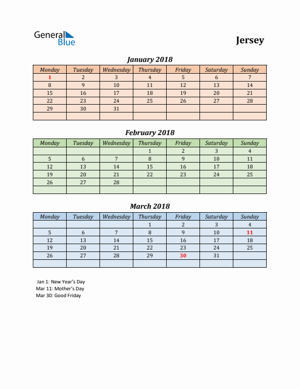 Q1 2018 Holiday Calendar - Jersey