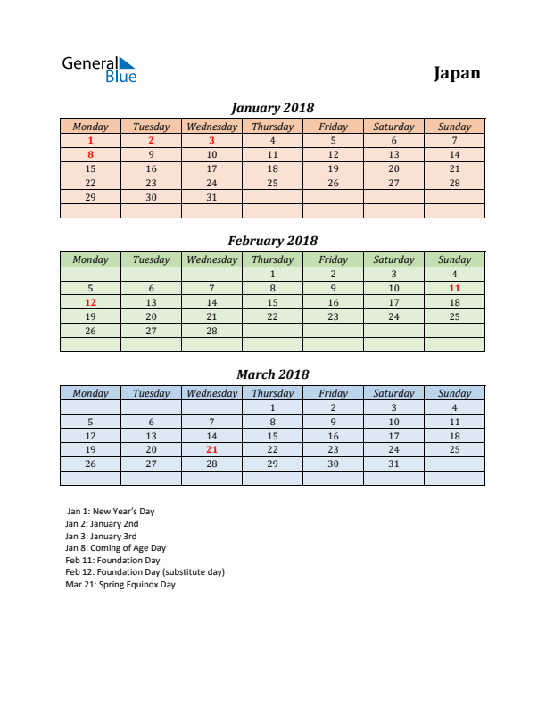 Q1 2018 Holiday Calendar - Japan