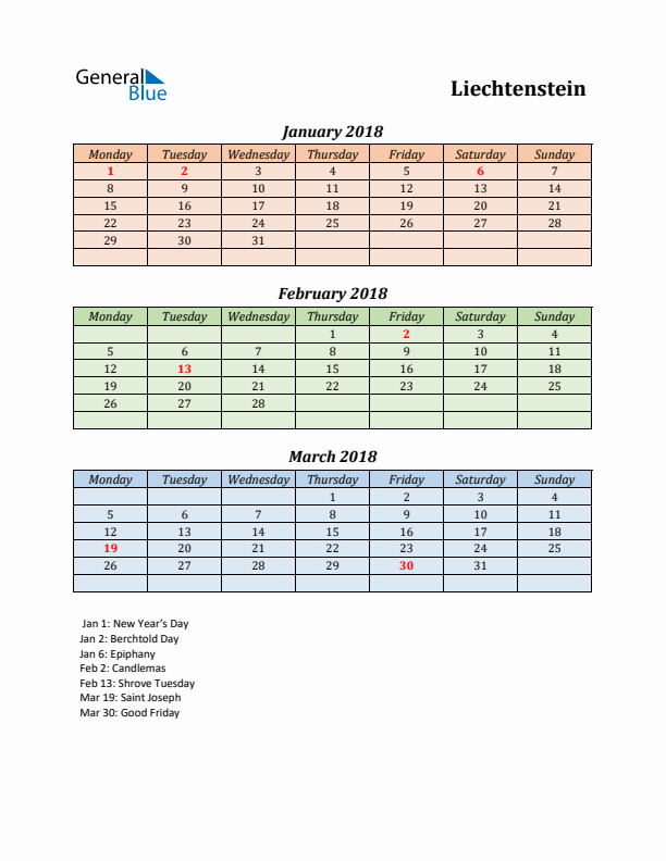 Q1 2018 Holiday Calendar - Liechtenstein