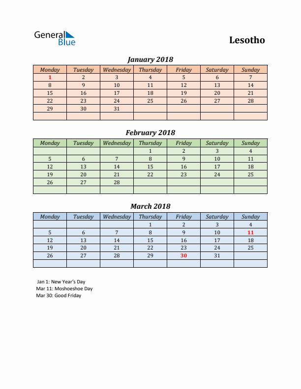 Q1 2018 Holiday Calendar - Lesotho