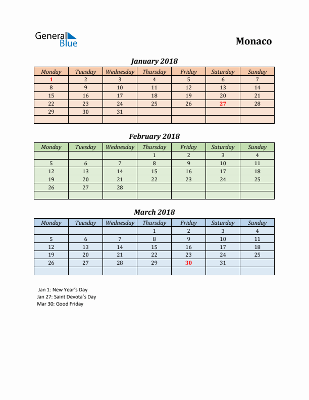 Q1 2018 Holiday Calendar - Monaco