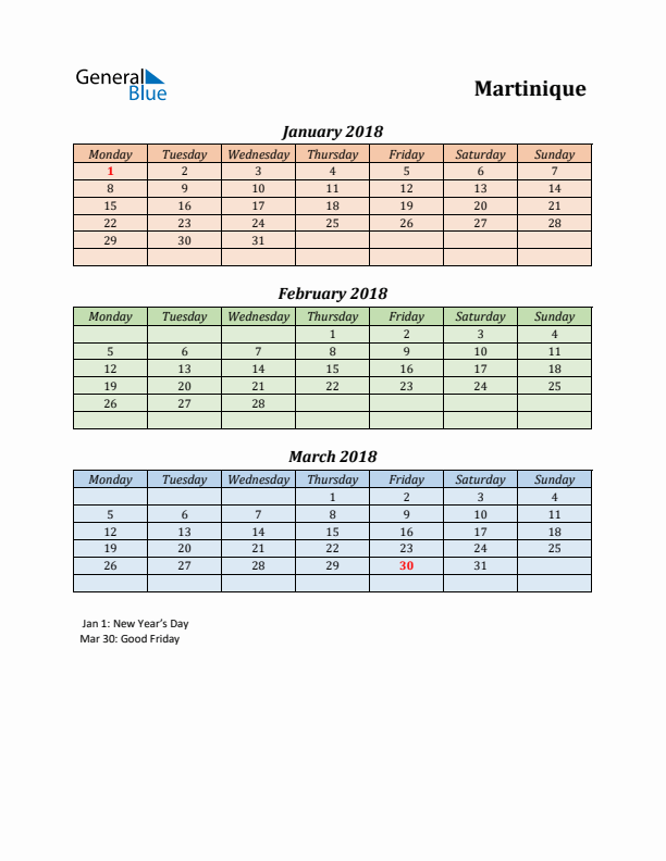 Q1 2018 Holiday Calendar - Martinique