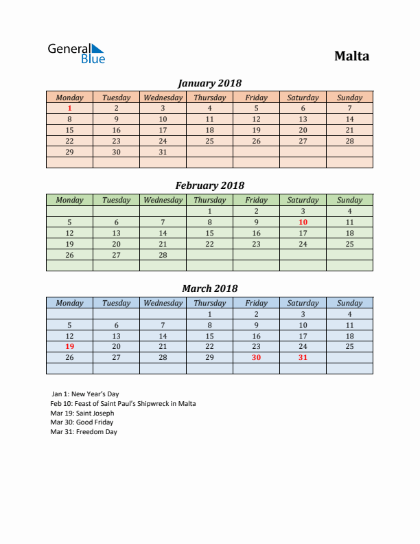 Q1 2018 Holiday Calendar - Malta