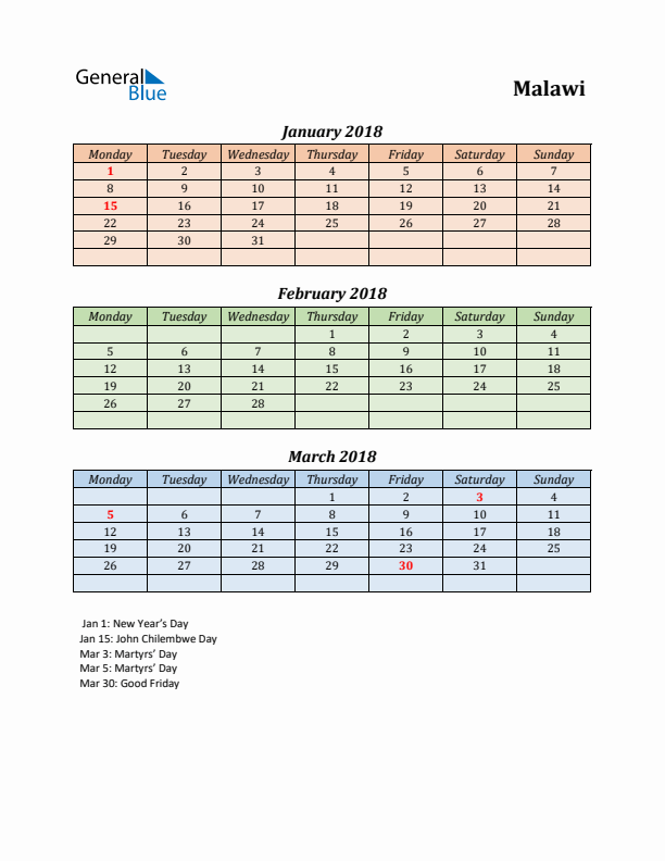 Q1 2018 Holiday Calendar - Malawi