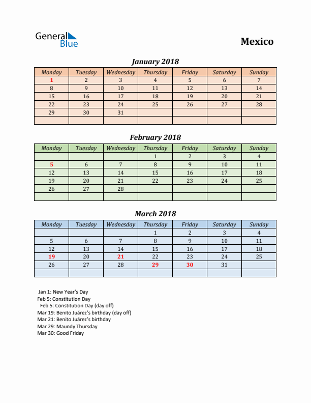 Q1 2018 Holiday Calendar - Mexico