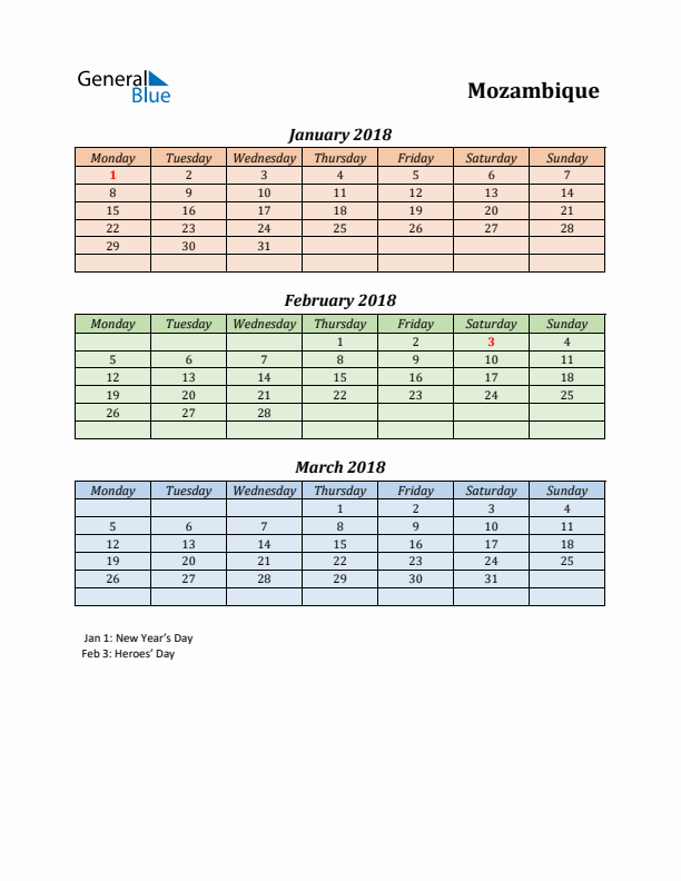 Q1 2018 Holiday Calendar - Mozambique