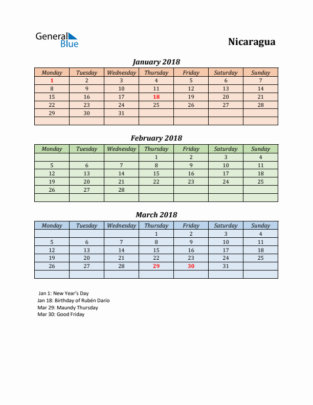 Q1 2018 Holiday Calendar - Nicaragua