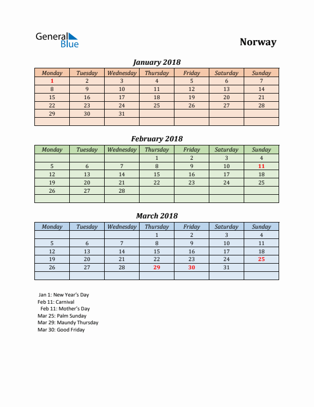 Q1 2018 Holiday Calendar - Norway