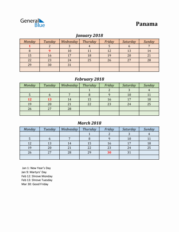 Q1 2018 Holiday Calendar - Panama