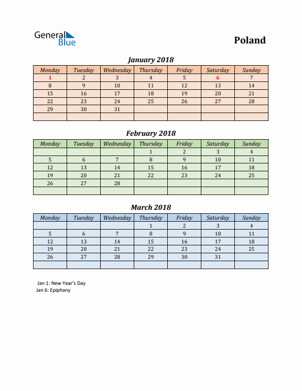 Q1 2018 Holiday Calendar - Poland