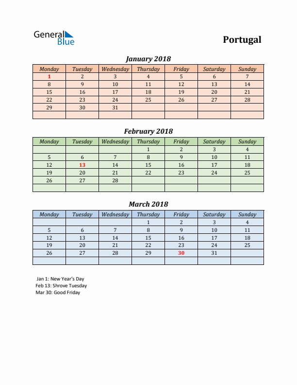 Q1 2018 Holiday Calendar - Portugal