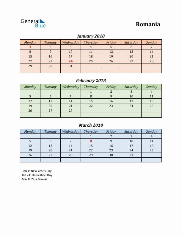 Q1 2018 Holiday Calendar - Romania