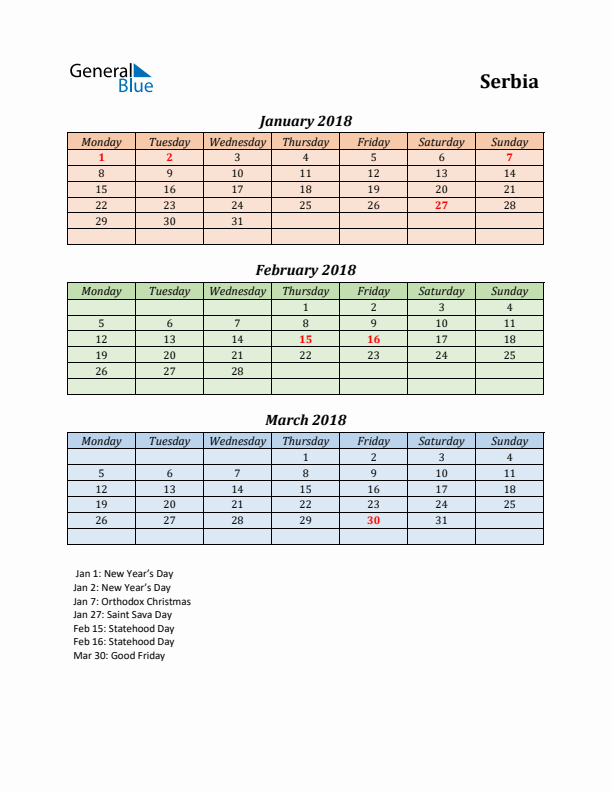 Q1 2018 Holiday Calendar - Serbia