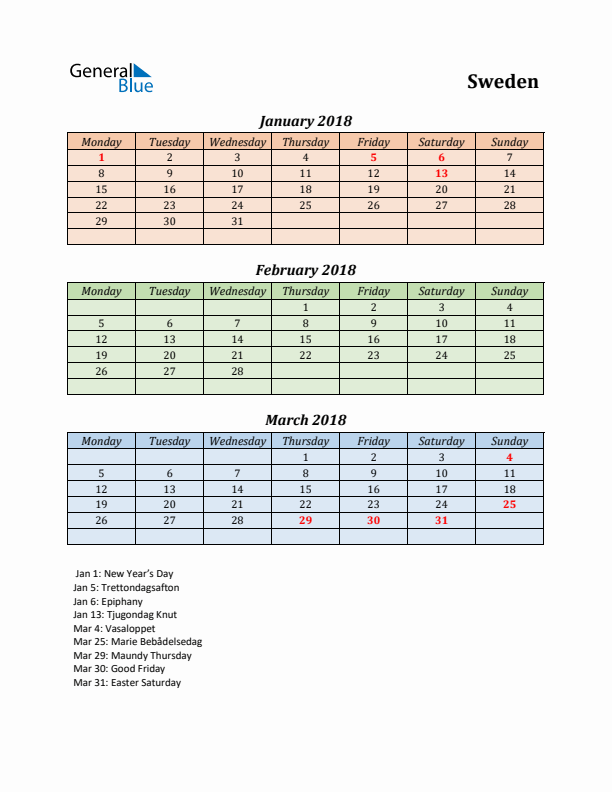 Q1 2018 Holiday Calendar - Sweden