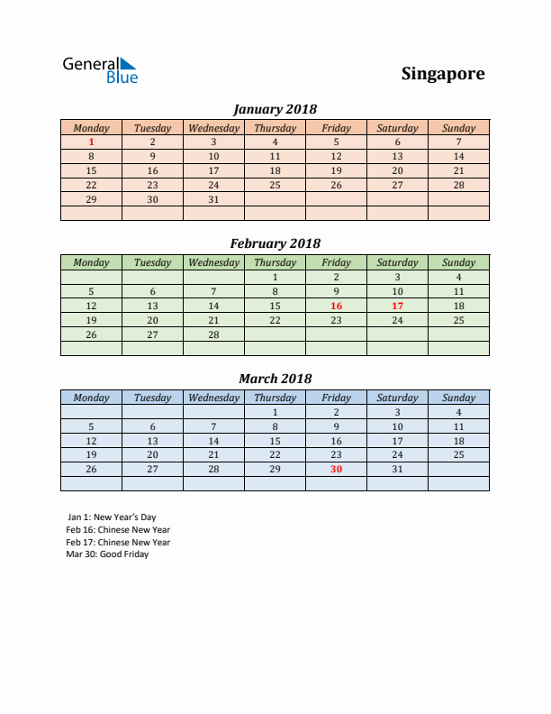 Q1 2018 Holiday Calendar - Singapore