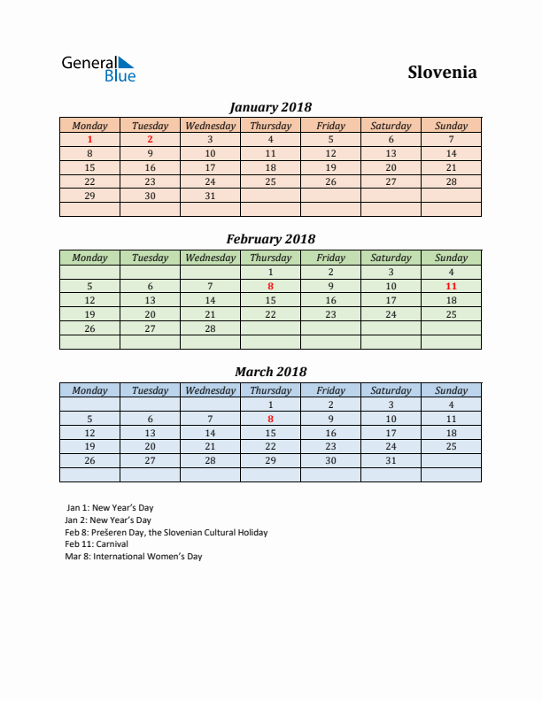 Q1 2018 Holiday Calendar - Slovenia