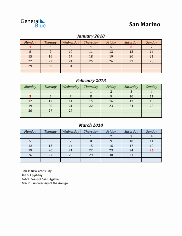 Q1 2018 Holiday Calendar - San Marino