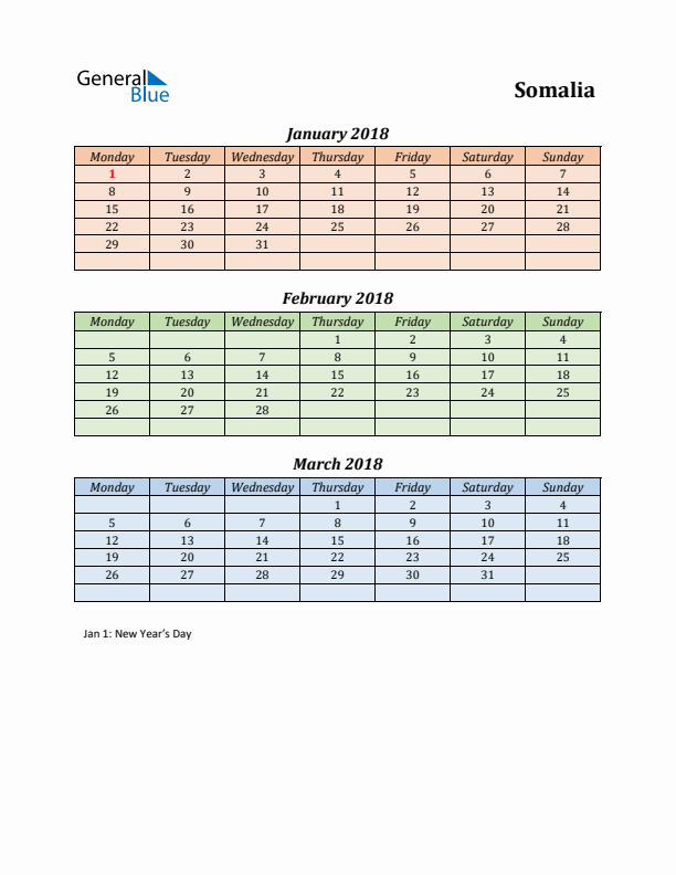 Q1 2018 Holiday Calendar - Somalia