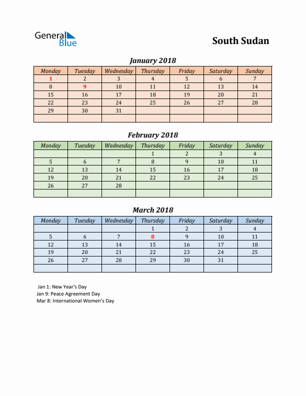 Q1 2018 Holiday Calendar - South Sudan