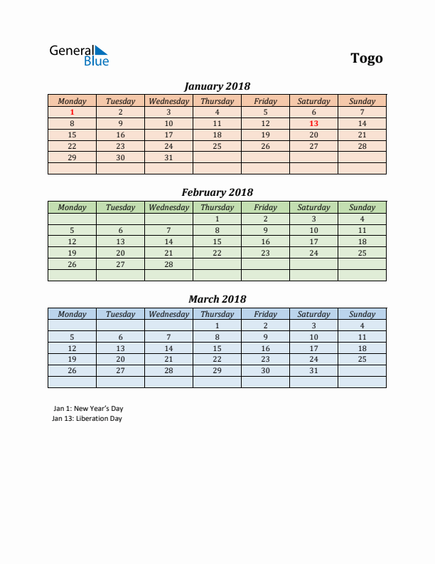 Q1 2018 Holiday Calendar - Togo