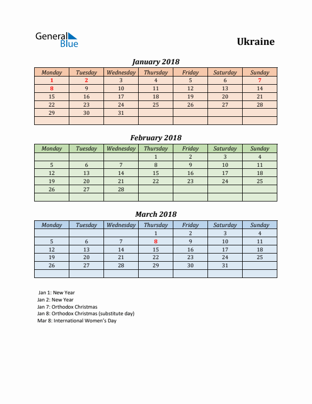 Q1 2018 Holiday Calendar - Ukraine