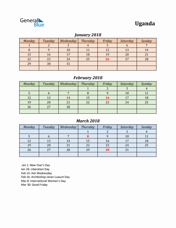 Q1 2018 Holiday Calendar - Uganda