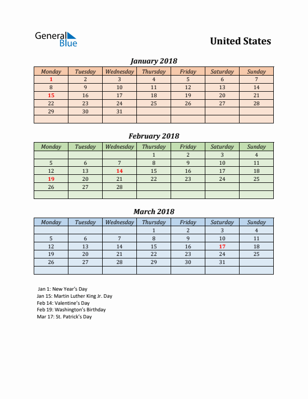 Q1 2018 Holiday Calendar - United States