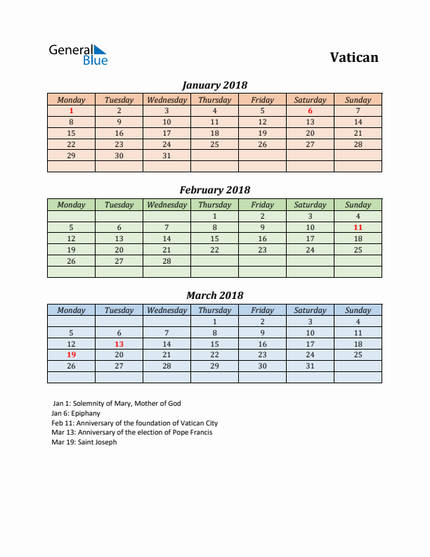 Q1 2018 Holiday Calendar - Vatican