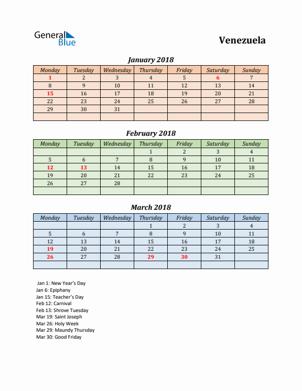 Q1 2018 Holiday Calendar - Venezuela