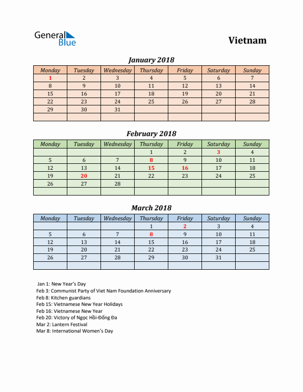 Q1 2018 Holiday Calendar - Vietnam